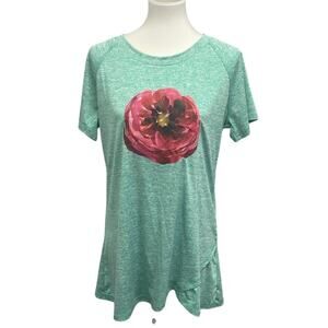 Hand Printed Upcycled XL Watercolor Peony Flower Polyester Blend Crew Neck Tee